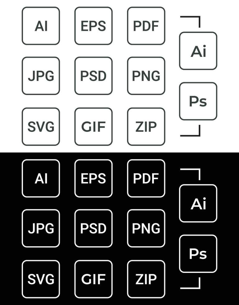 Black and white popular line document file format icons set. Multi type simple flat design vector pictogram for app ads web website button ui ux interface elements isolated