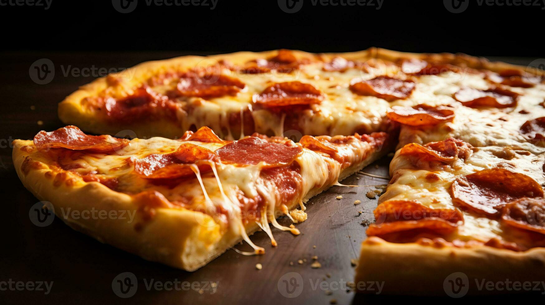 Delicious pizza with lots of cheese and very appetizing. Generative AI photo