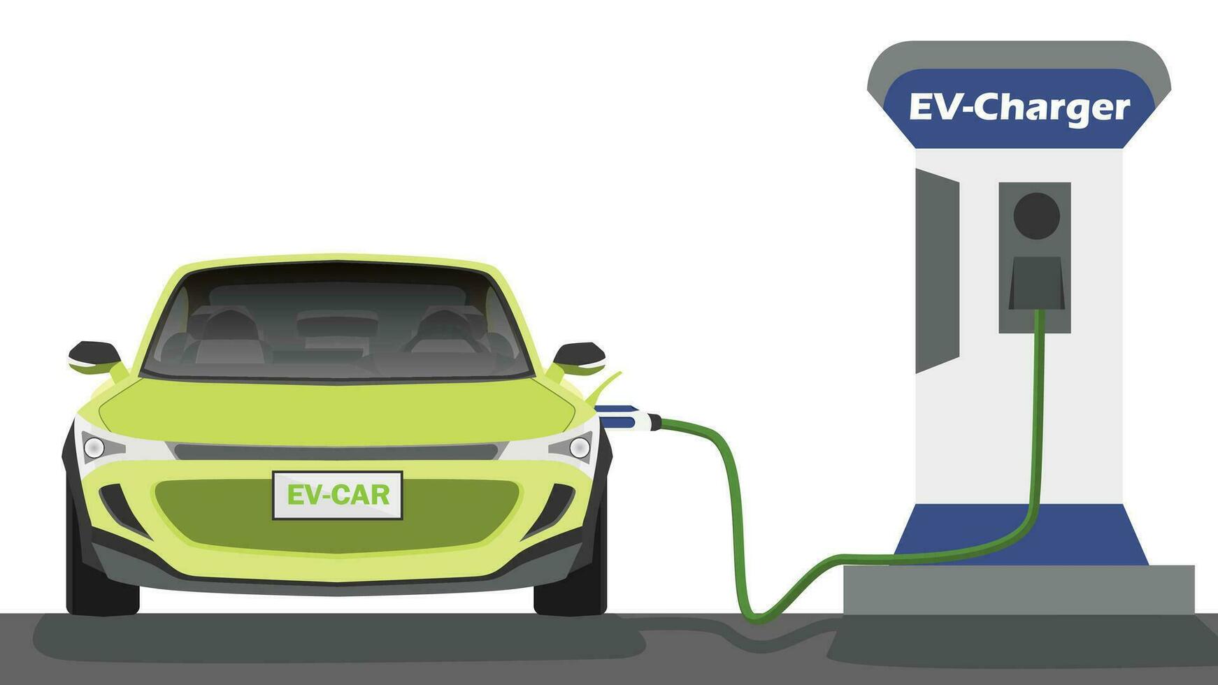 Electric Vehicle front of yellow car charging parking at the charger station with a plug in cable. Charging in the beside of car to battery. Isolated flat vector illustration on white background.