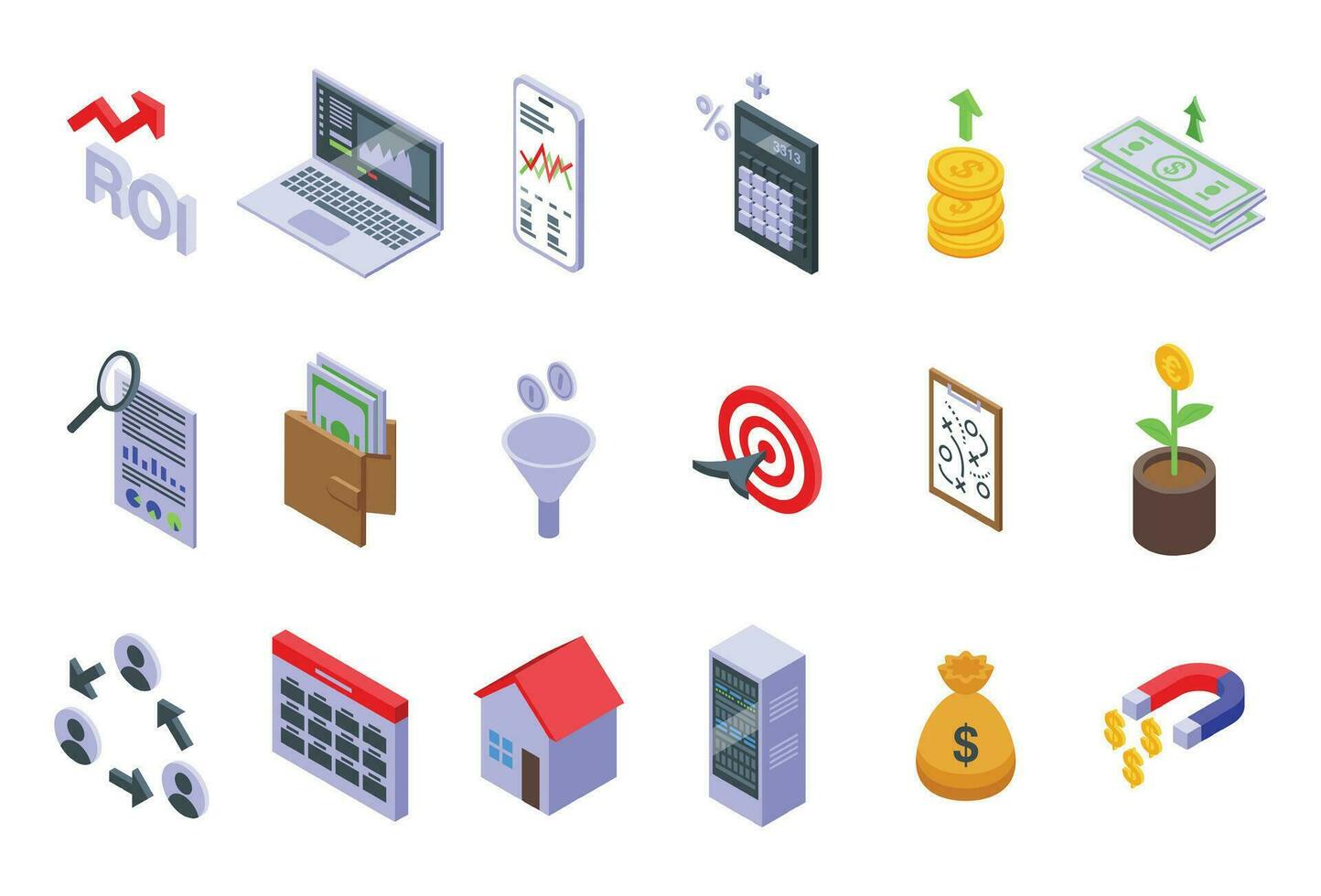 ROI icons set isometric vector. Increase price vector