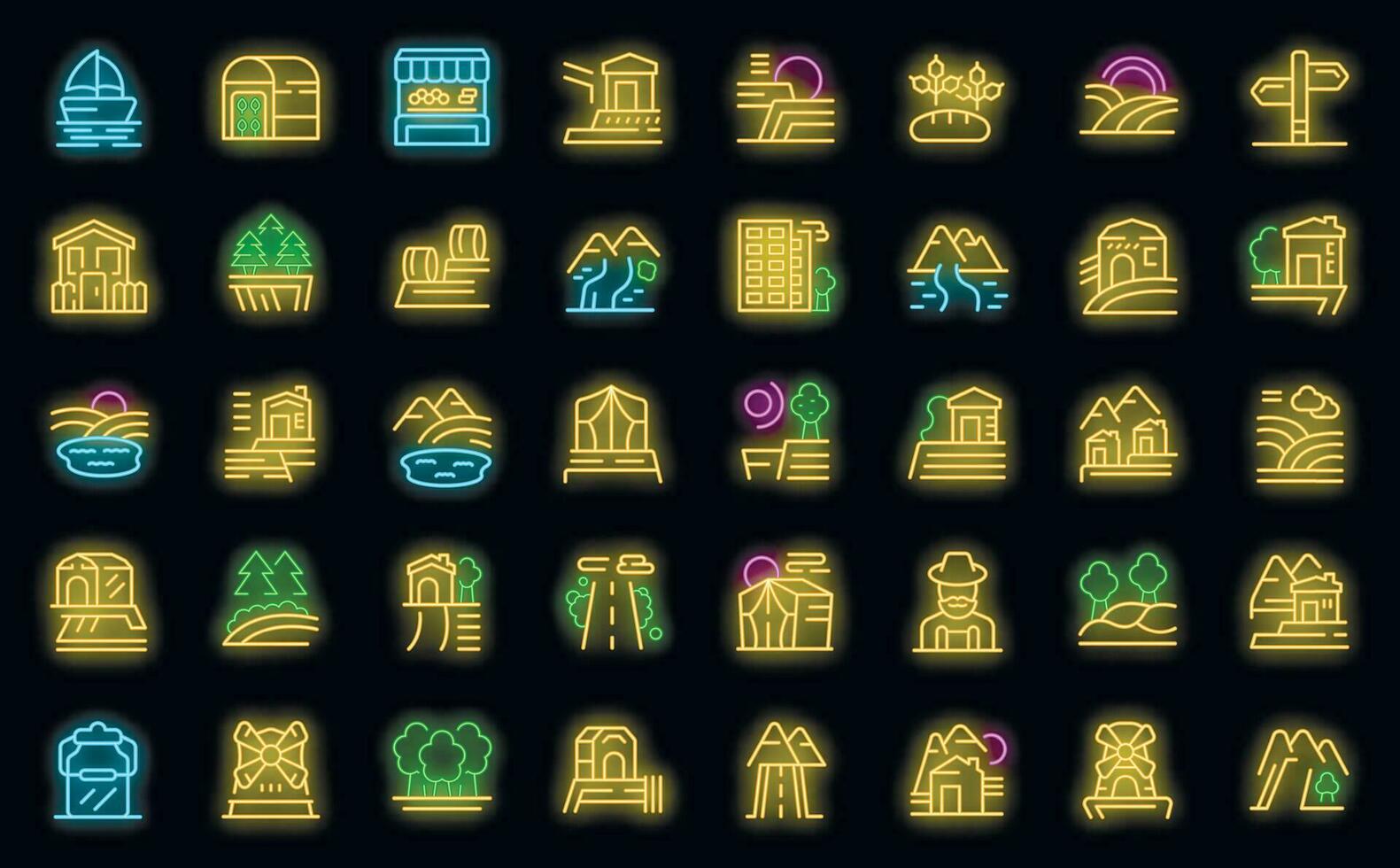 Farm tourism icons set vector neon