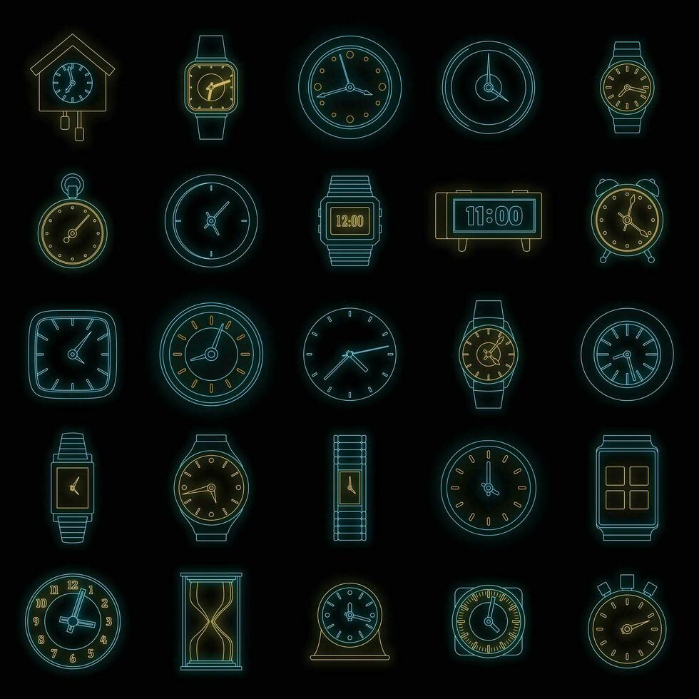 Time and clock icons set vector neon