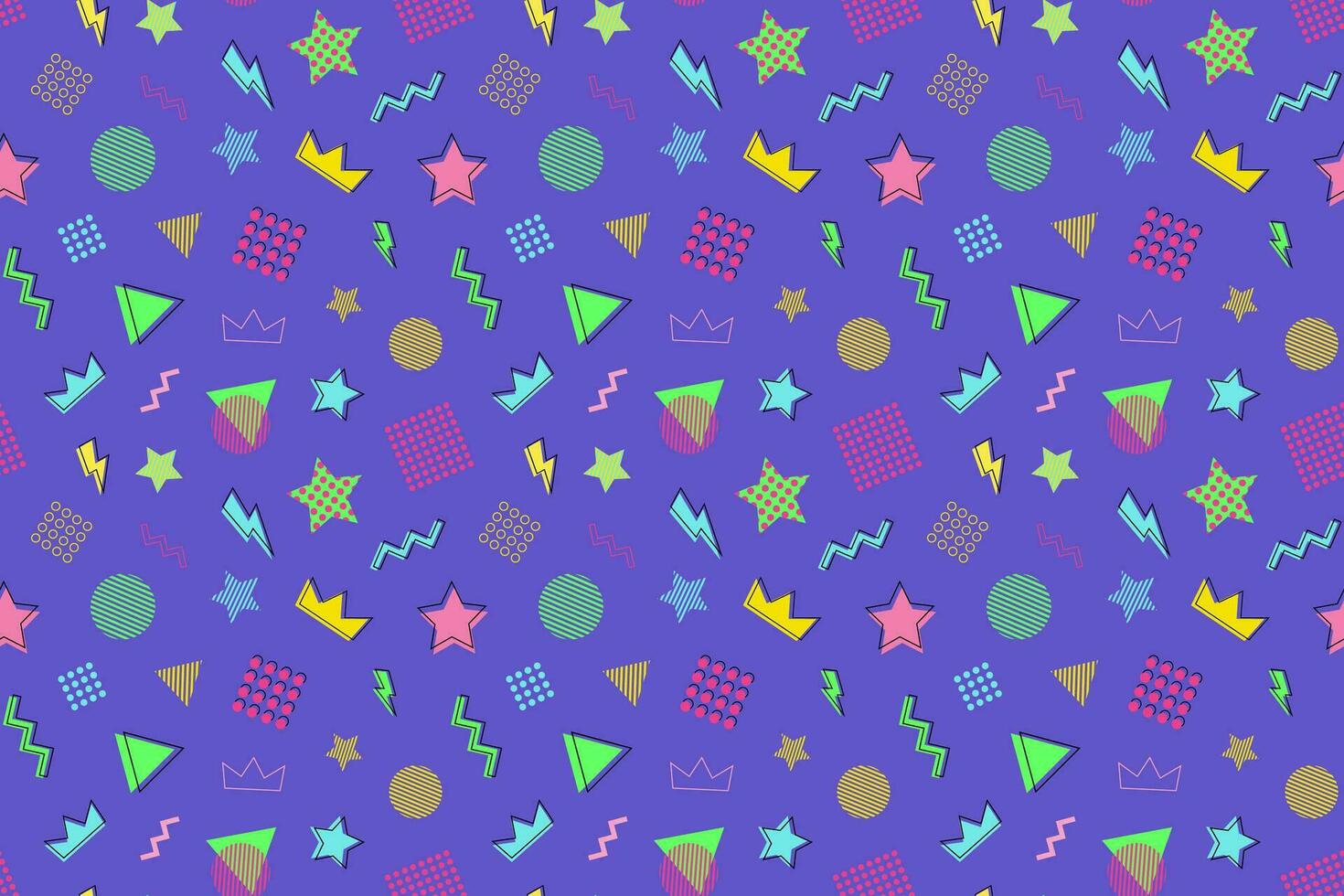 Abstract Seamless Pattern in Memphis Style. Geometric Shapes on Violet Background, 90s Party Invitation vector