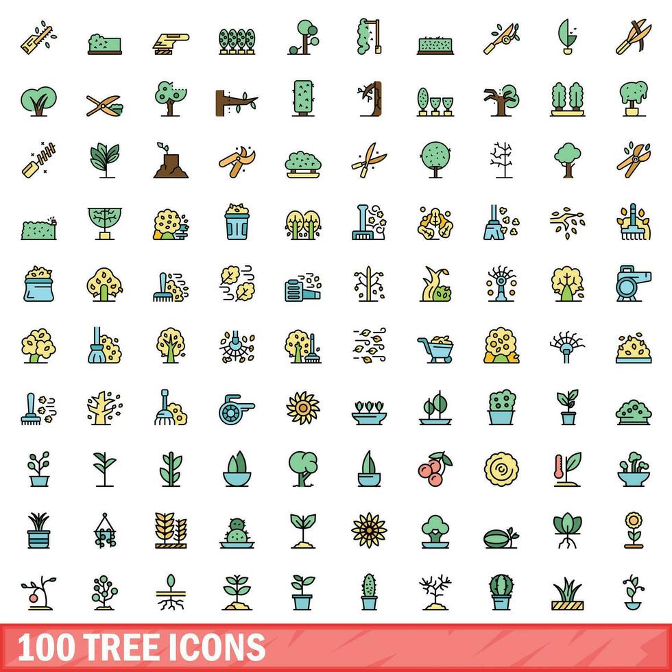 100 tree icons set, color line style vector