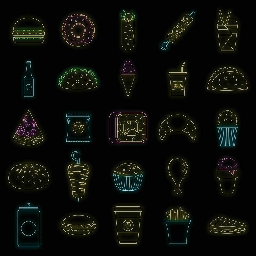 Fast food icons set vector neon