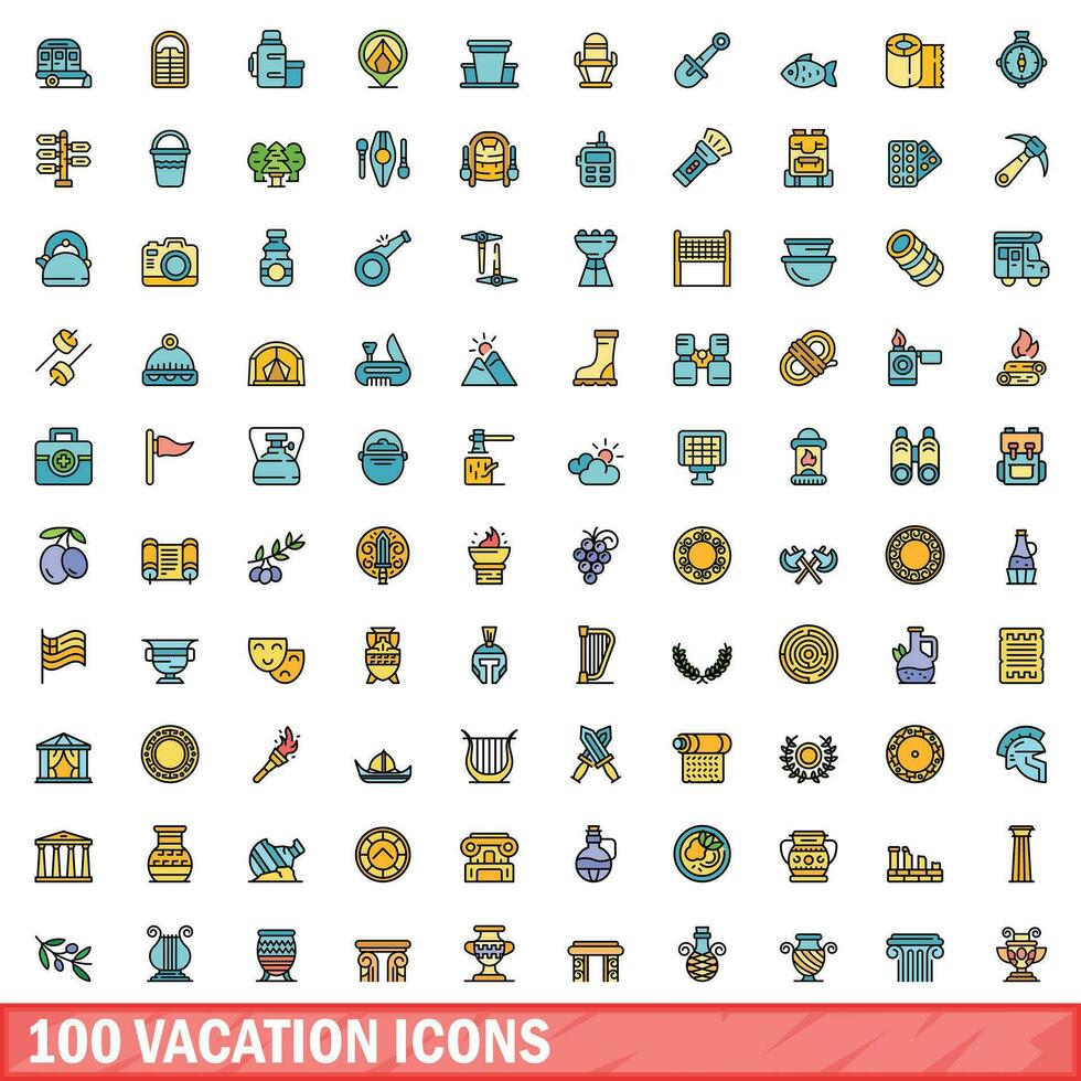 100 vacation icons set, color line style vector