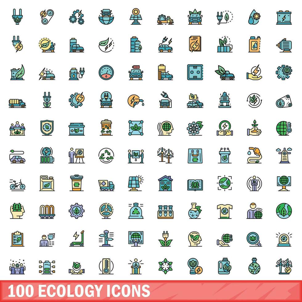100 ecology icons set, color line style vector