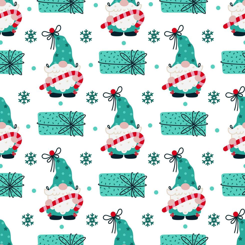 Cute gnome with a striped Christmas candy, seamless vector pattern. Santa Claus helper in a stocking cap, turquoise suit. Symbols of the New Year - gifts, snowflakes, winter elf. Cartoon background