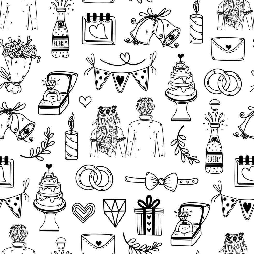 Just married and wedding items seamless vector pattern. Ceremony symbols - bride and groom, champagne, bouquet of flowers, gifts, engagement rings, cake with a heart. Black and white doodle background