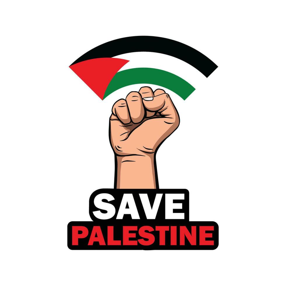 Save Palestine with hand and flag. Israel war poster, template, banner design. We are stand for Palestine vector template. Save Gaza, save Palestine lettering banner.
