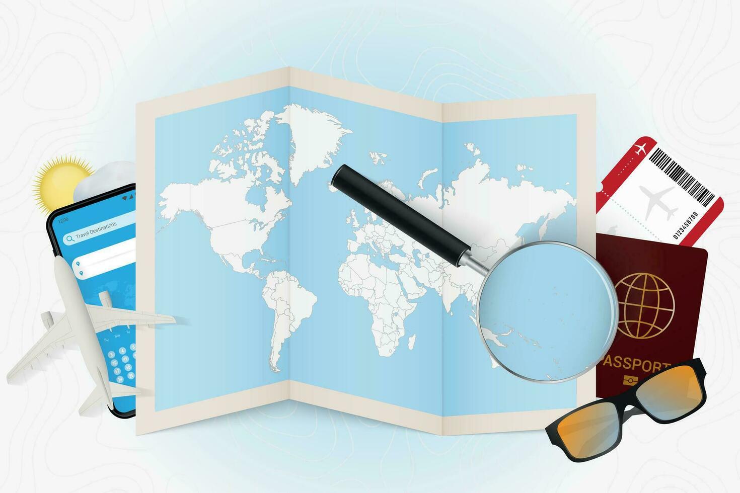Travel destination Nauru, tourism mockup with travel equipment and world map with magnifying glass on a Nauru. vector