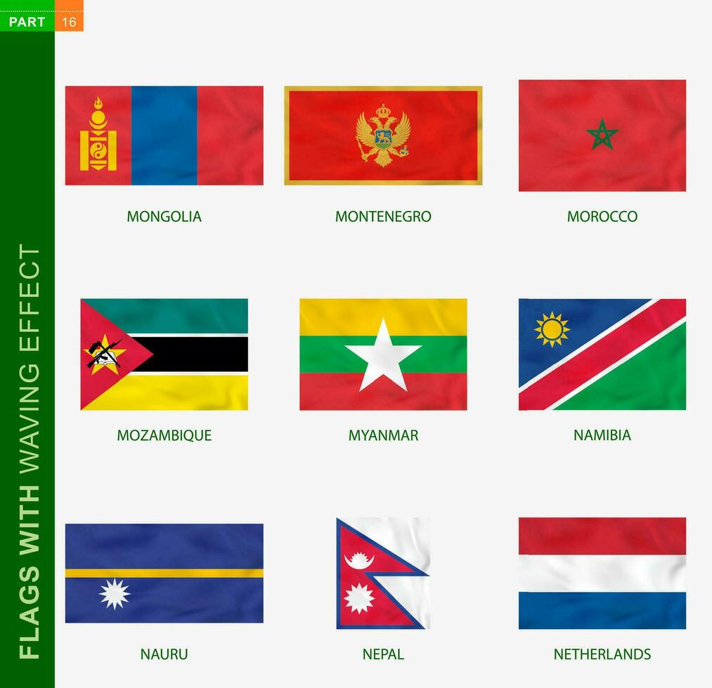 Set of flag with waving effect, national flag with texture. vector