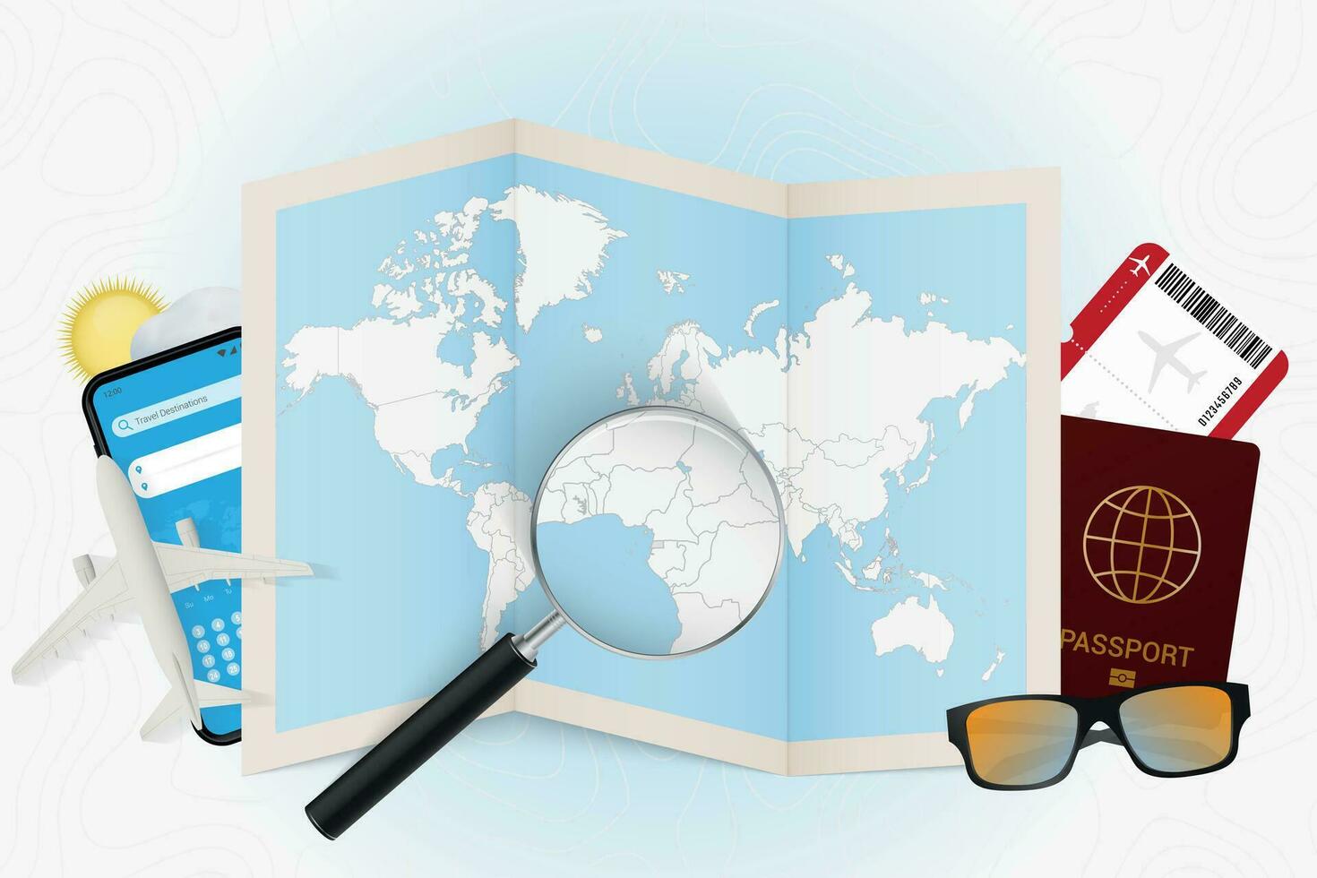 Travel destination Equatorial Guinea, tourism mockup with travel equipment and world map with magnifying glass on a Equatorial Guinea. vector