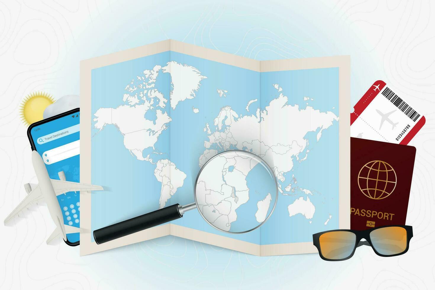 Travel destination Malawi, tourism mockup with travel equipment and world map with magnifying glass on a Malawi. vector