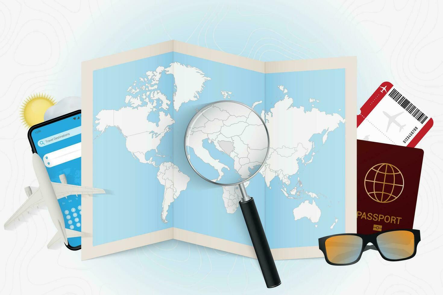 Travel destination Bosnia and Herzegovina, tourism mockup with travel equipment and world map with magnifying glass on a Bosnia and Herzegovina. vector