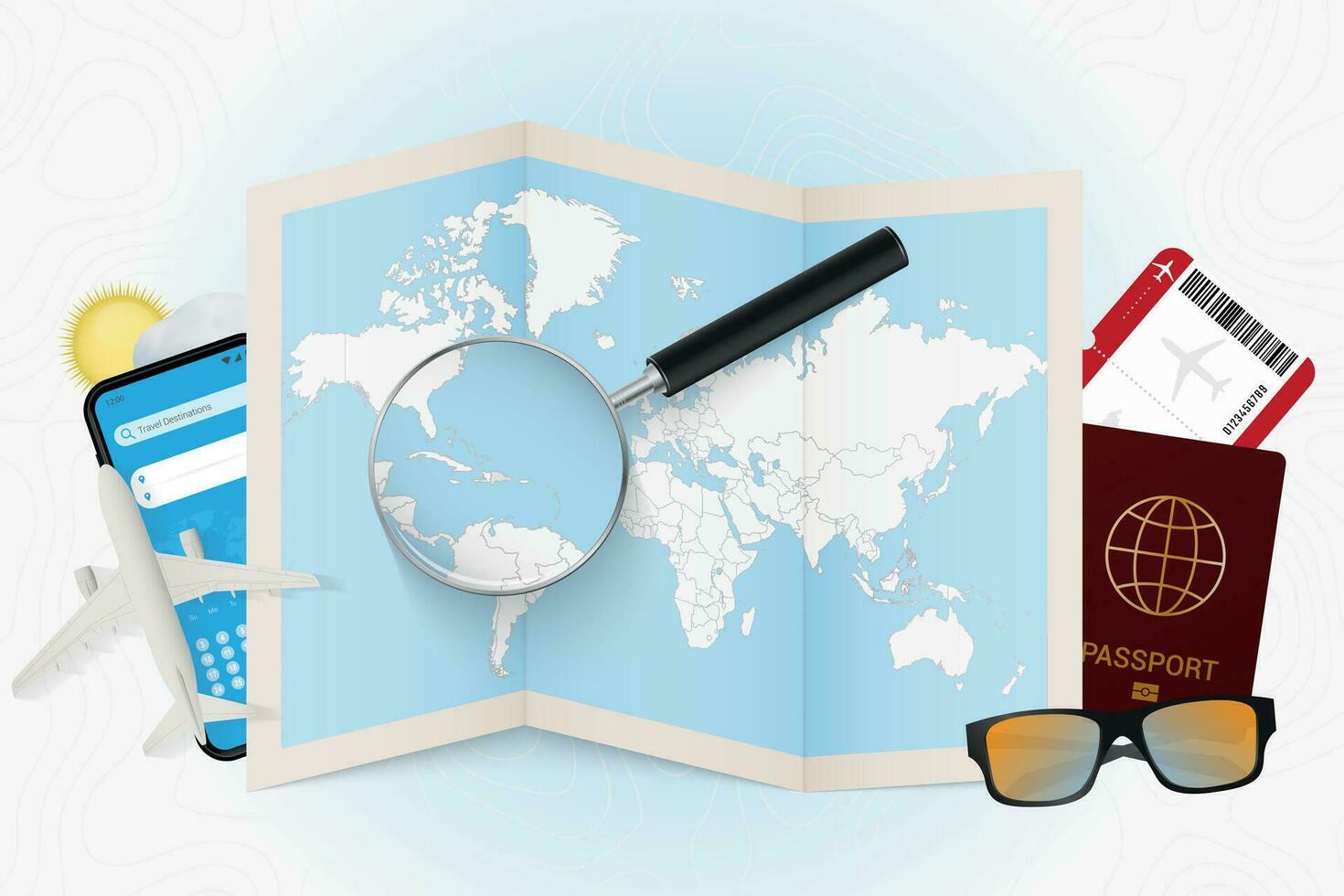 Travel destination Dominican Republic, tourism mockup with travel equipment and world map with magnifying glass on a Dominican Republic. vector