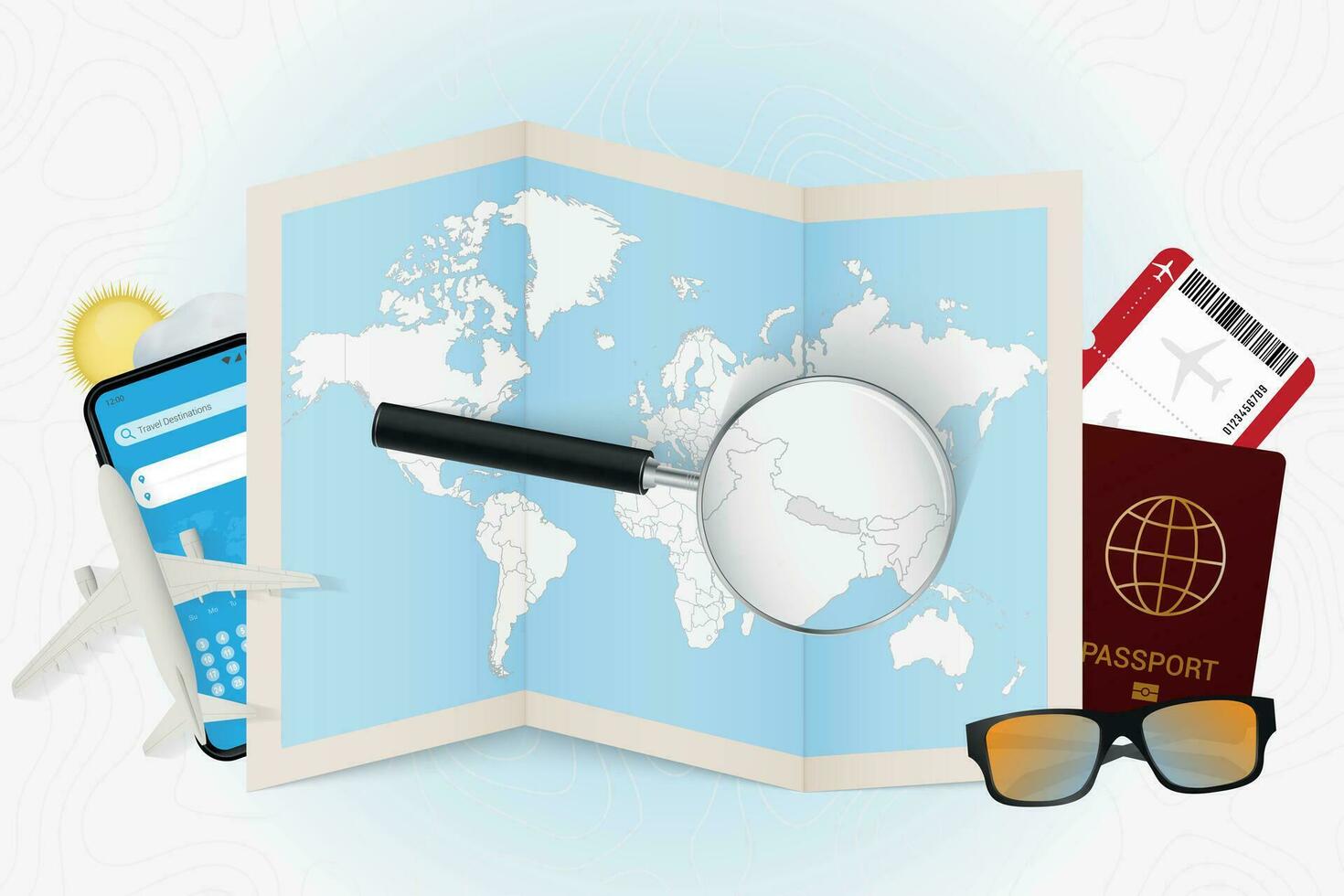 Travel destination Nepal, tourism mockup with travel equipment and world map with magnifying glass on a Nepal. vector