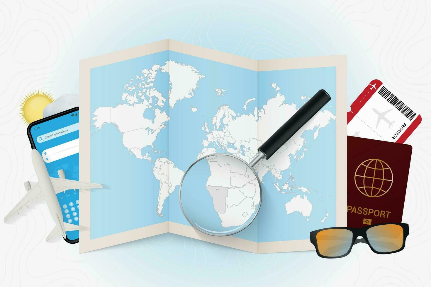 Travel destination Namibia, tourism mockup with travel equipment and world map with magnifying glass on a Namibia. vector