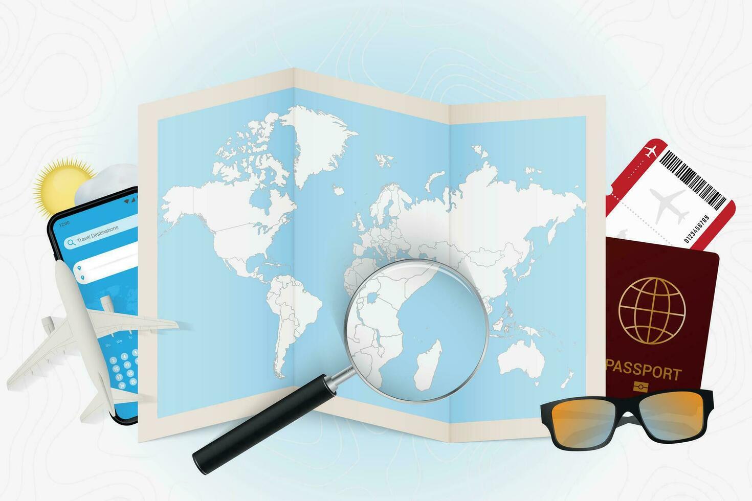 Travel destination Comoros, tourism mockup with travel equipment and world map with magnifying glass on a Comoros. vector