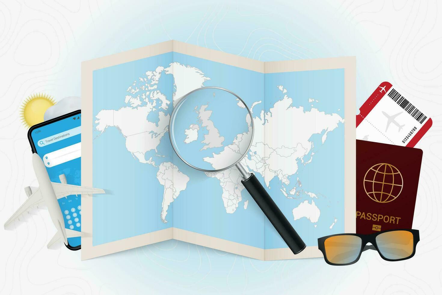 Travel destination United Kingdom, tourism mockup with travel equipment and world map with magnifying glass on a United Kingdom. vector
