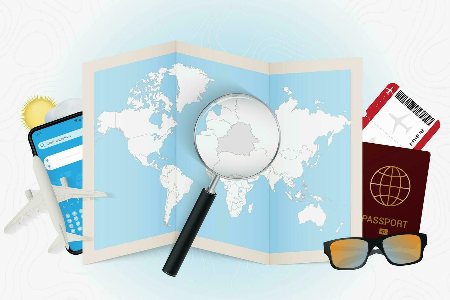 Travel destination Belarus, tourism mockup with travel equipment and world map with magnifying glass on a Belarus. vector