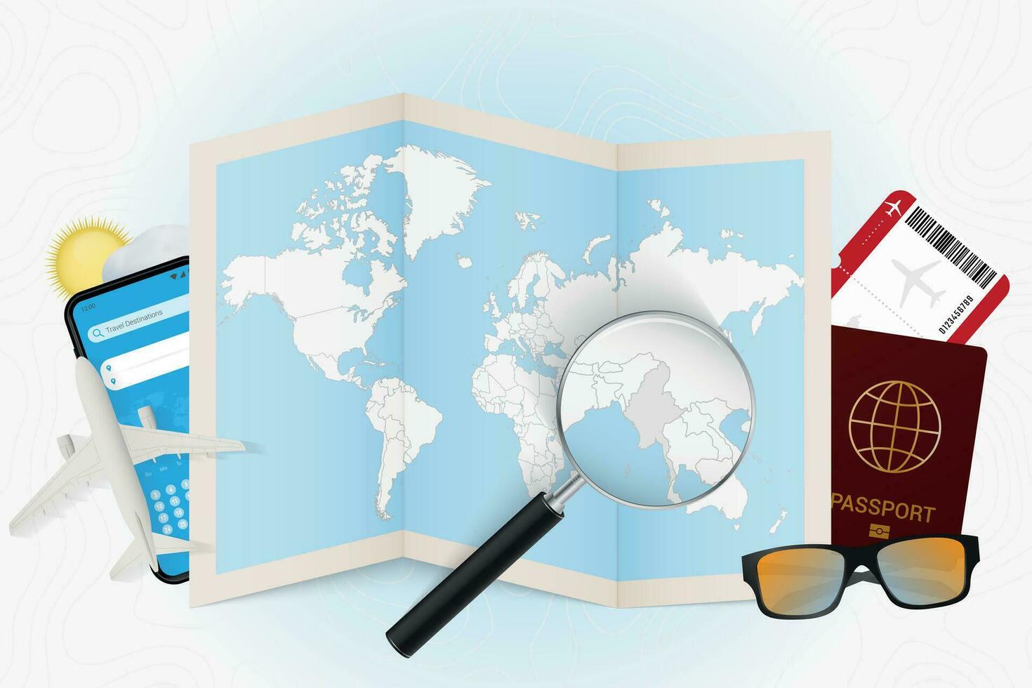 Travel destination Myanmar, tourism mockup with travel equipment and world map with magnifying glass on a Myanmar. vector