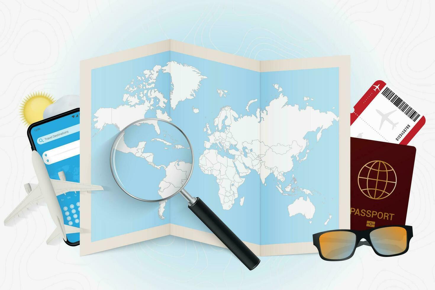 Travel destination Costa Rica, tourism mockup with travel equipment and world map with magnifying glass on a Costa Rica. vector