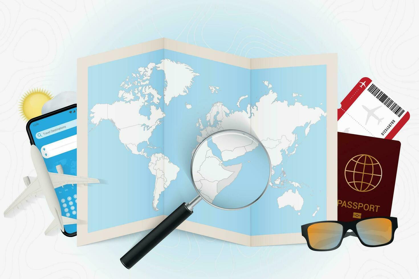 Travel destination Somalia, tourism mockup with travel equipment and world map with magnifying glass on a Somalia. vector