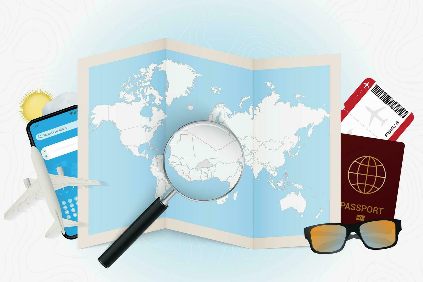 Travel destination Burkina Faso, tourism mockup with travel equipment and world map with magnifying glass on a Burkina Faso. vector