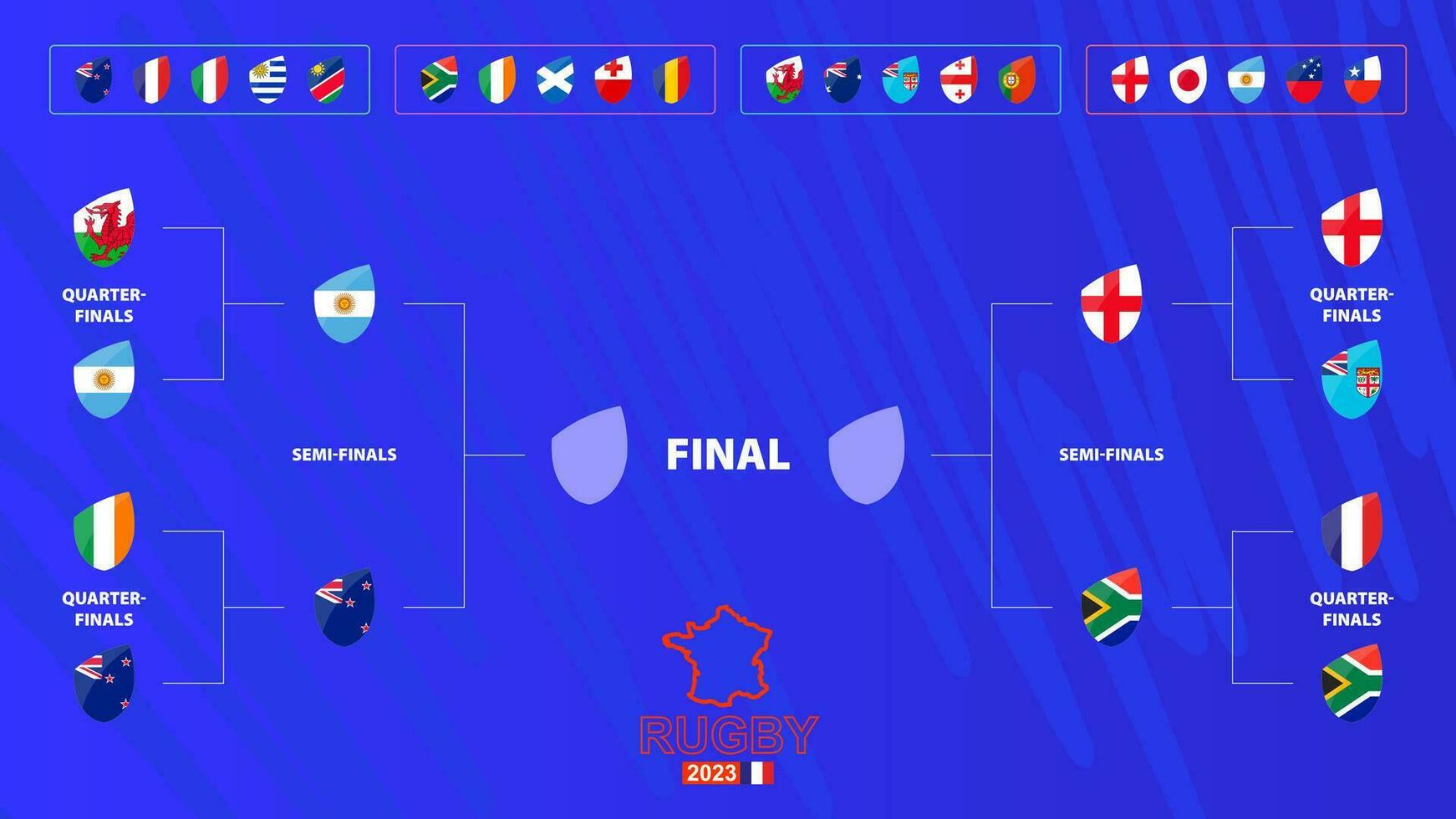 Rugby tournament bracket with flags of Semi-final participants. Rugby competition 2023 schedule on abstract background. vector