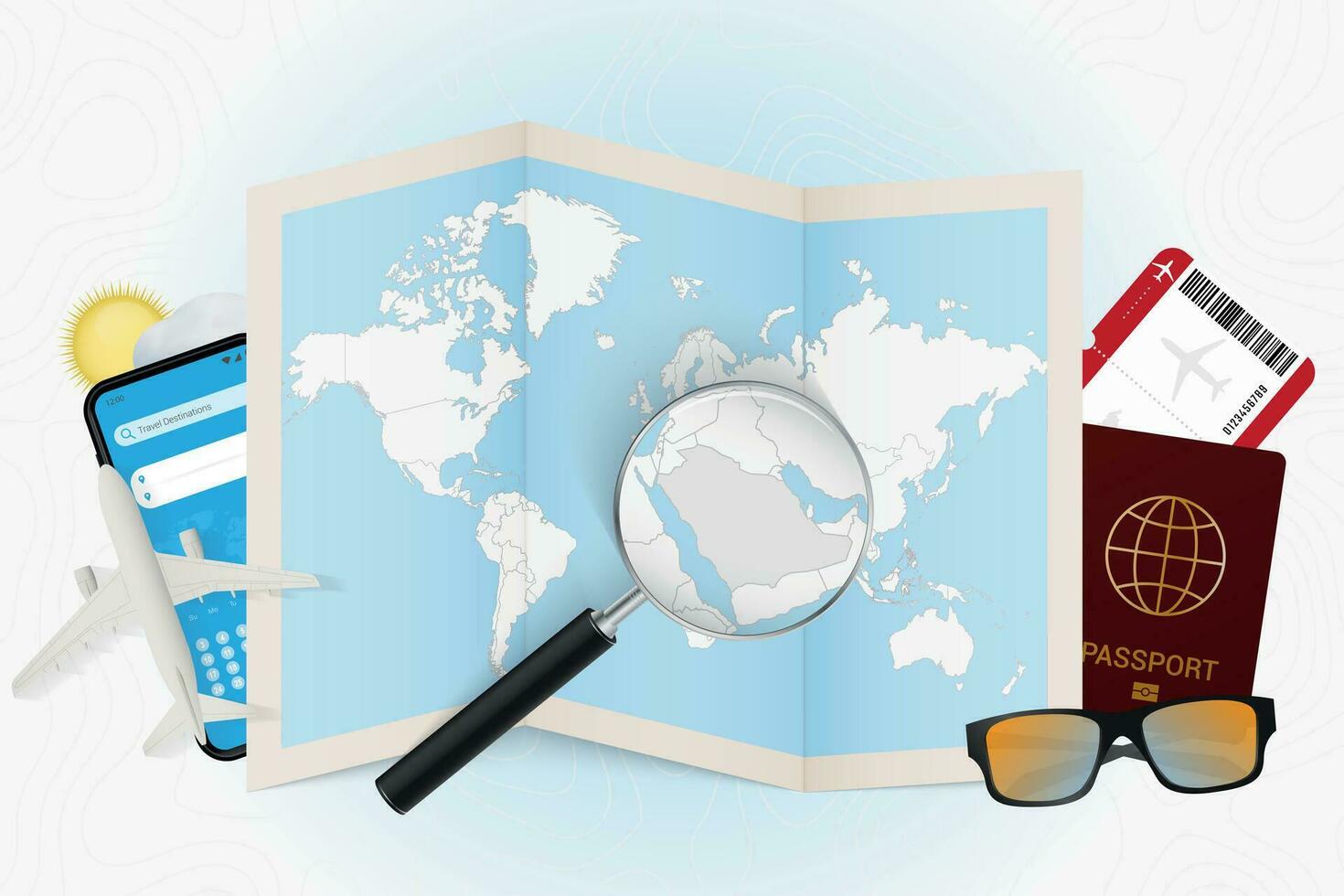 Travel destination Saudi Arabia, tourism mockup with travel equipment and world map with magnifying glass on a Saudi Arabia. vector