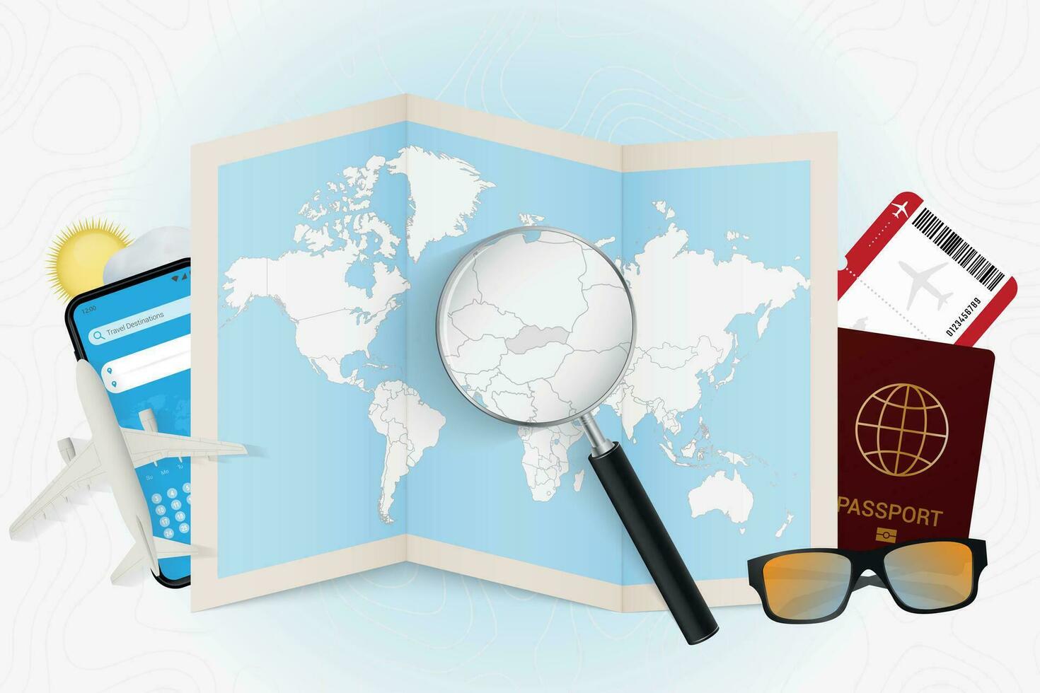 Travel destination Slovakia, tourism mockup with travel equipment and world map with magnifying glass on a Slovakia. vector