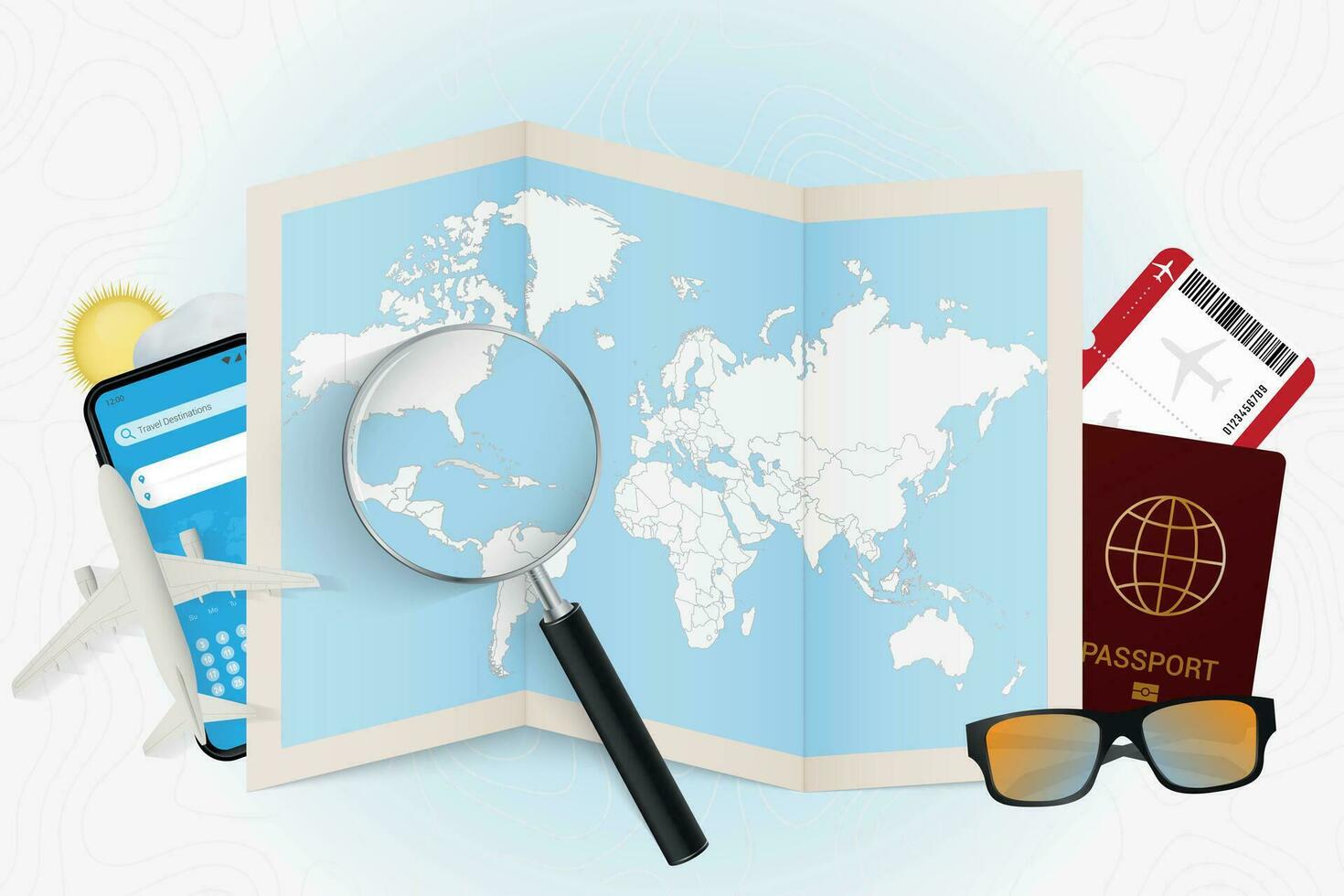 Travel destination Cuba, tourism mockup with travel equipment and world map with magnifying glass on a Cuba. vector