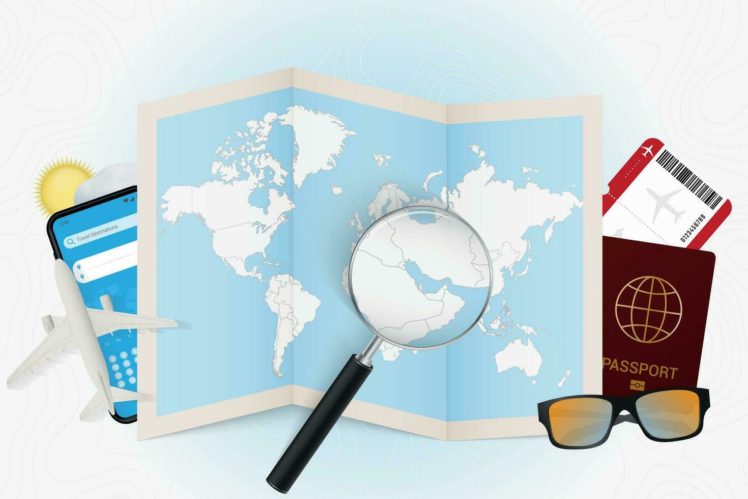 Travel destination Qatar, tourism mockup with travel equipment and world map with magnifying glass on a Qatar. vector