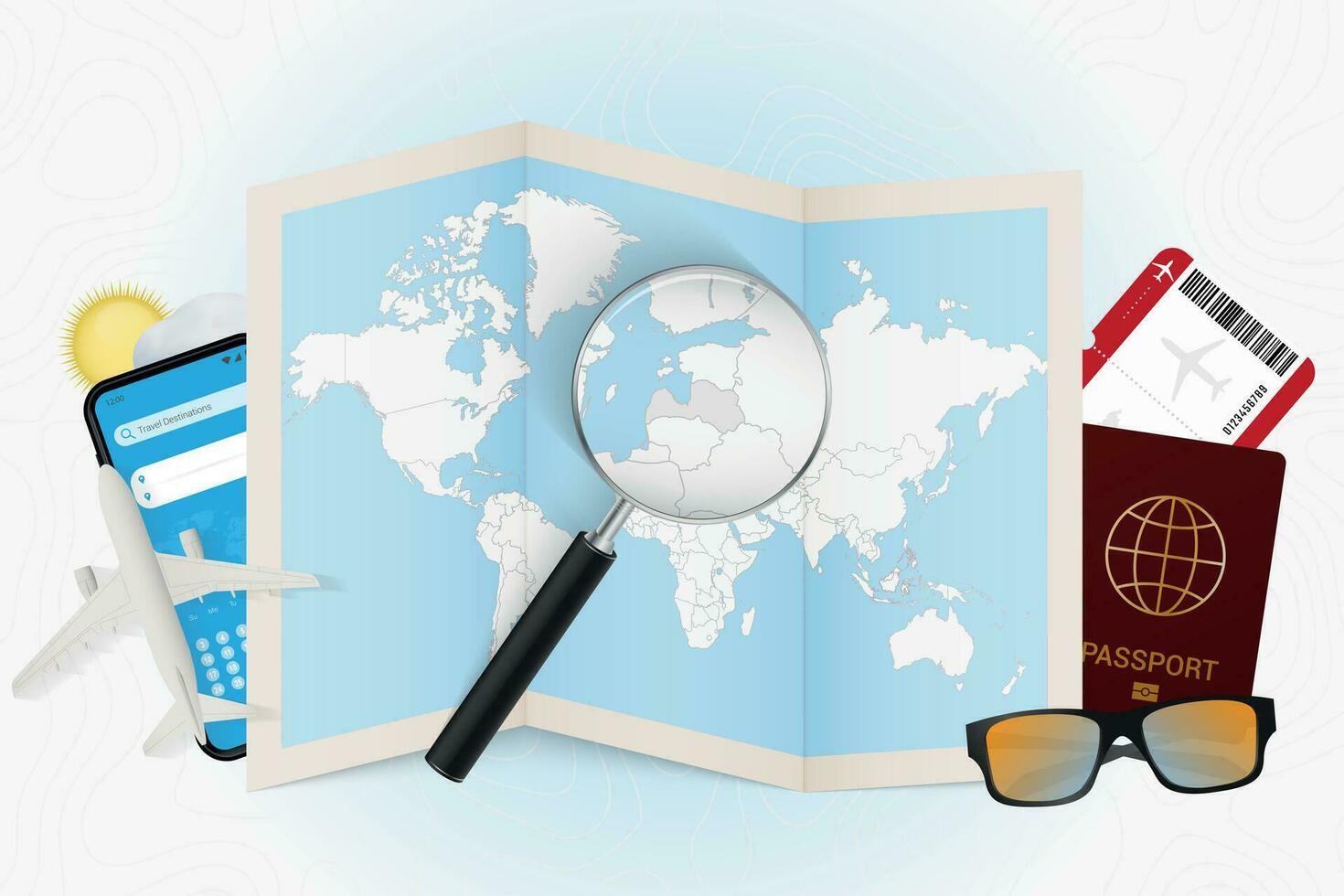 Travel destination Latvia, tourism mockup with travel equipment and world map with magnifying glass on a Latvia. vector