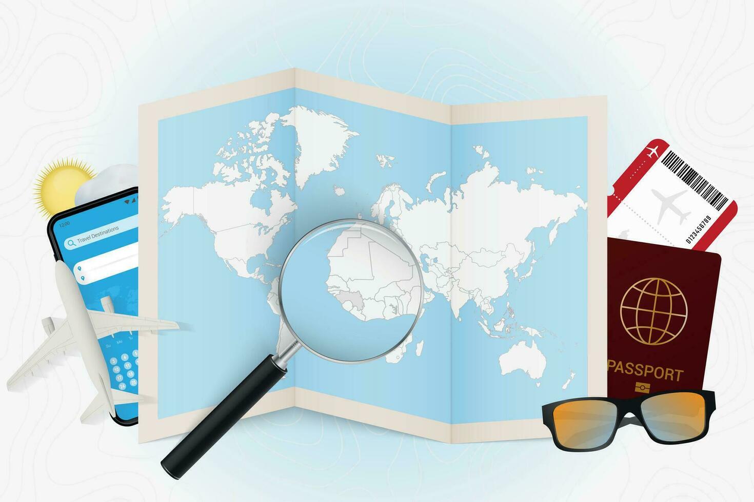 Travel destination Guinea, tourism mockup with travel equipment and world map with magnifying glass on a Guinea. vector