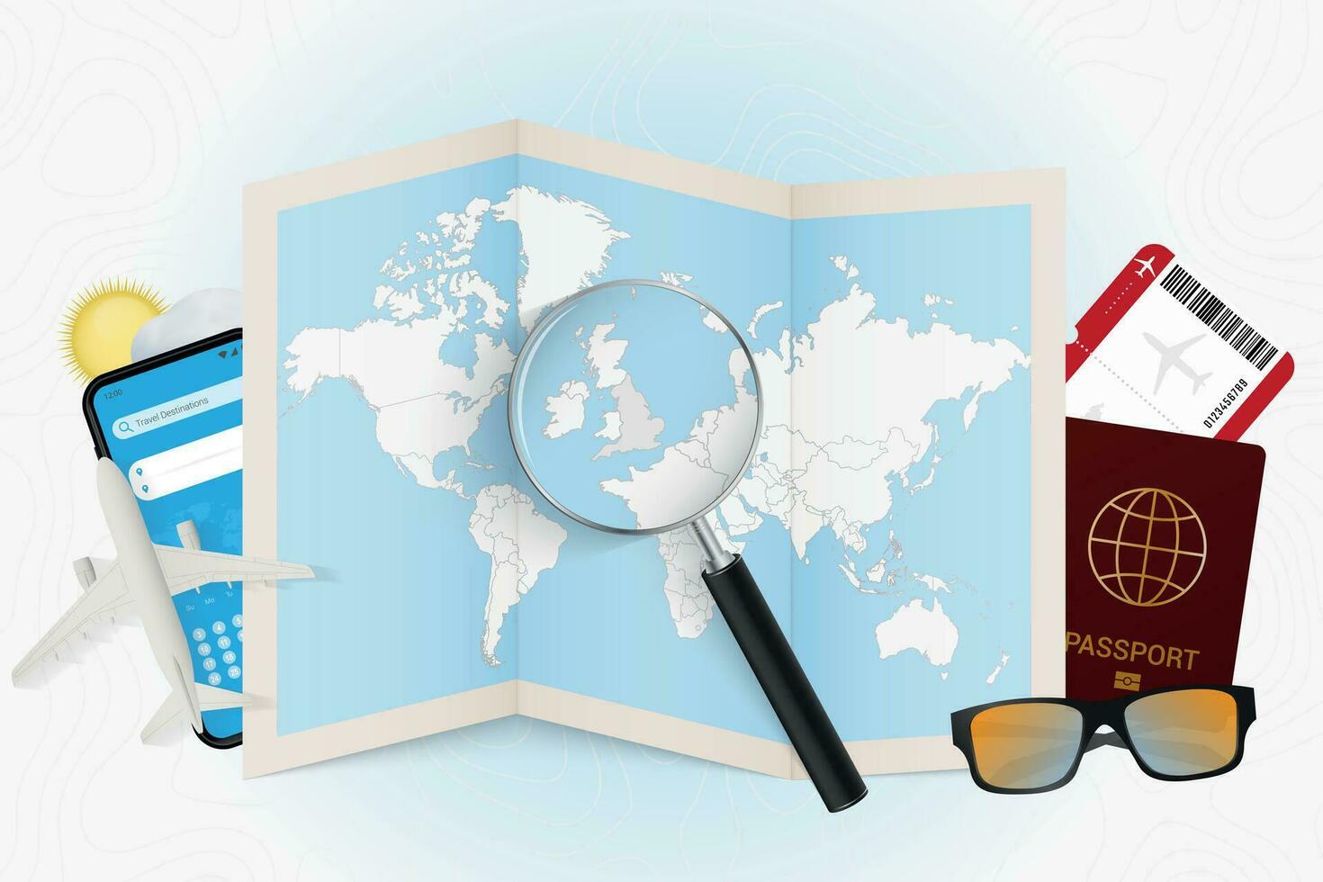 Travel destination England, tourism mockup with travel equipment and world map with magnifying glass on a England. vector