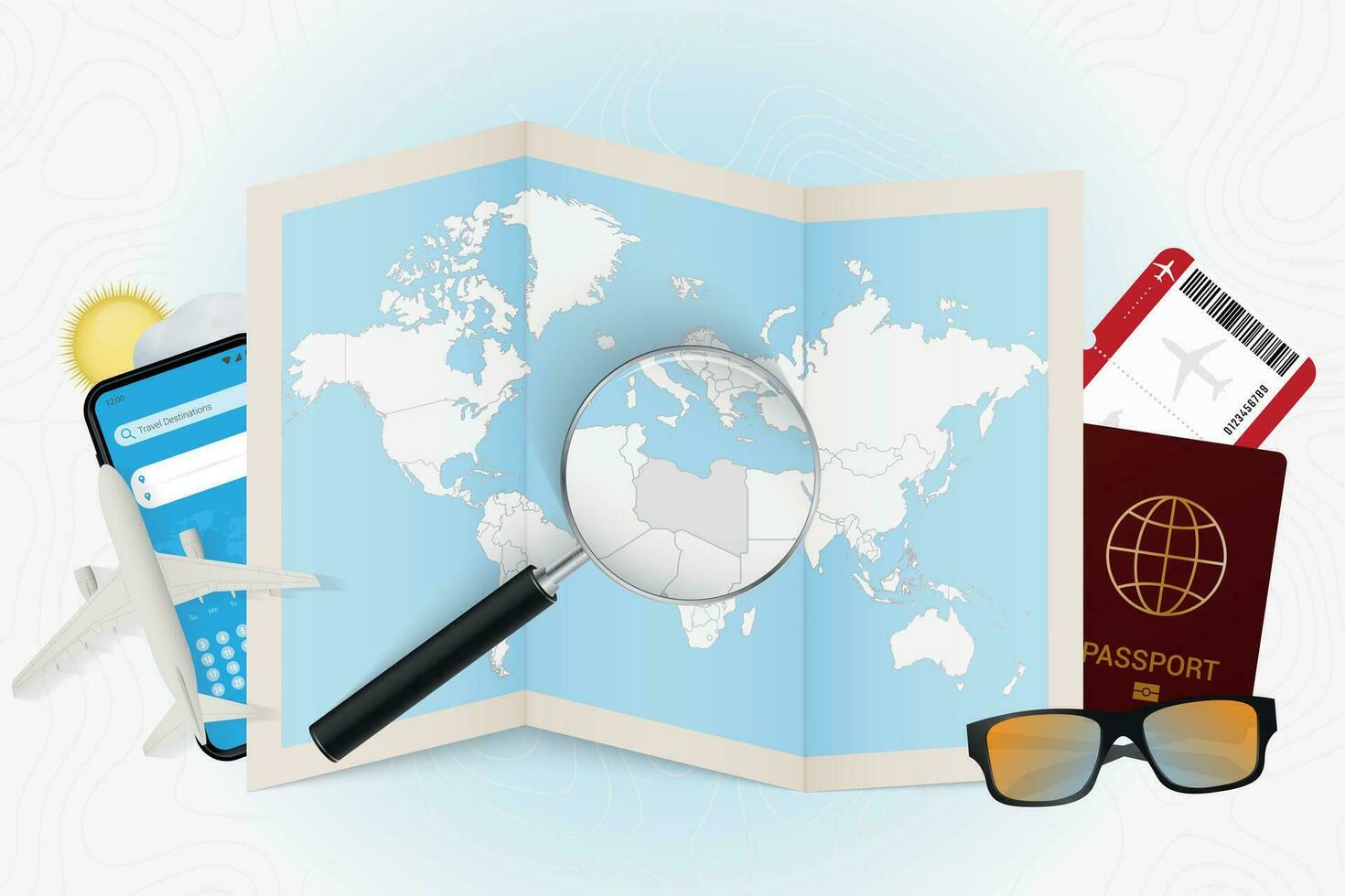 Travel destination Libya, tourism mockup with travel equipment and world map with magnifying glass on a Libya. vector