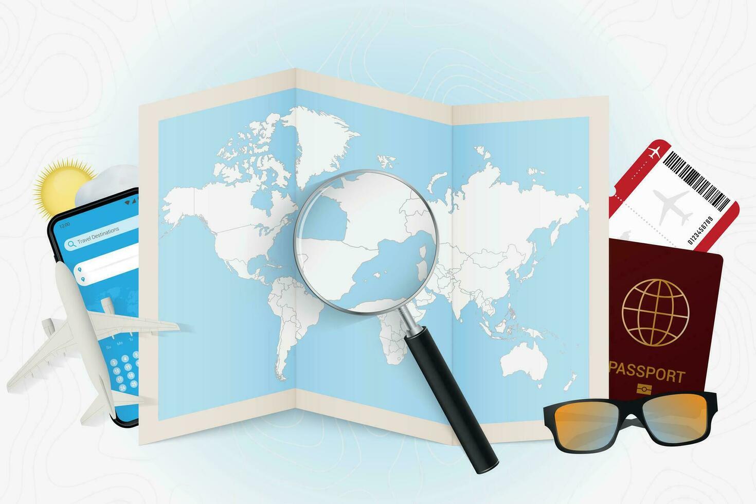 Travel destination Andorra, tourism mockup with travel equipment and world map with magnifying glass on a Andorra. vector