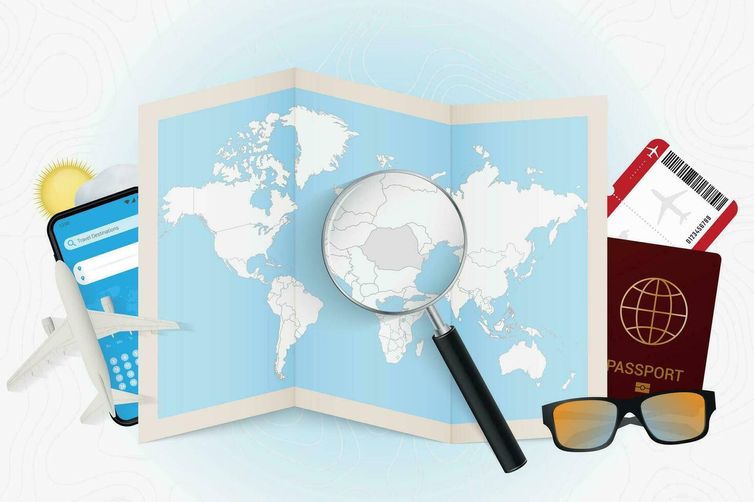 Travel destination Romania, tourism mockup with travel equipment and world map with magnifying glass on a Romania. vector