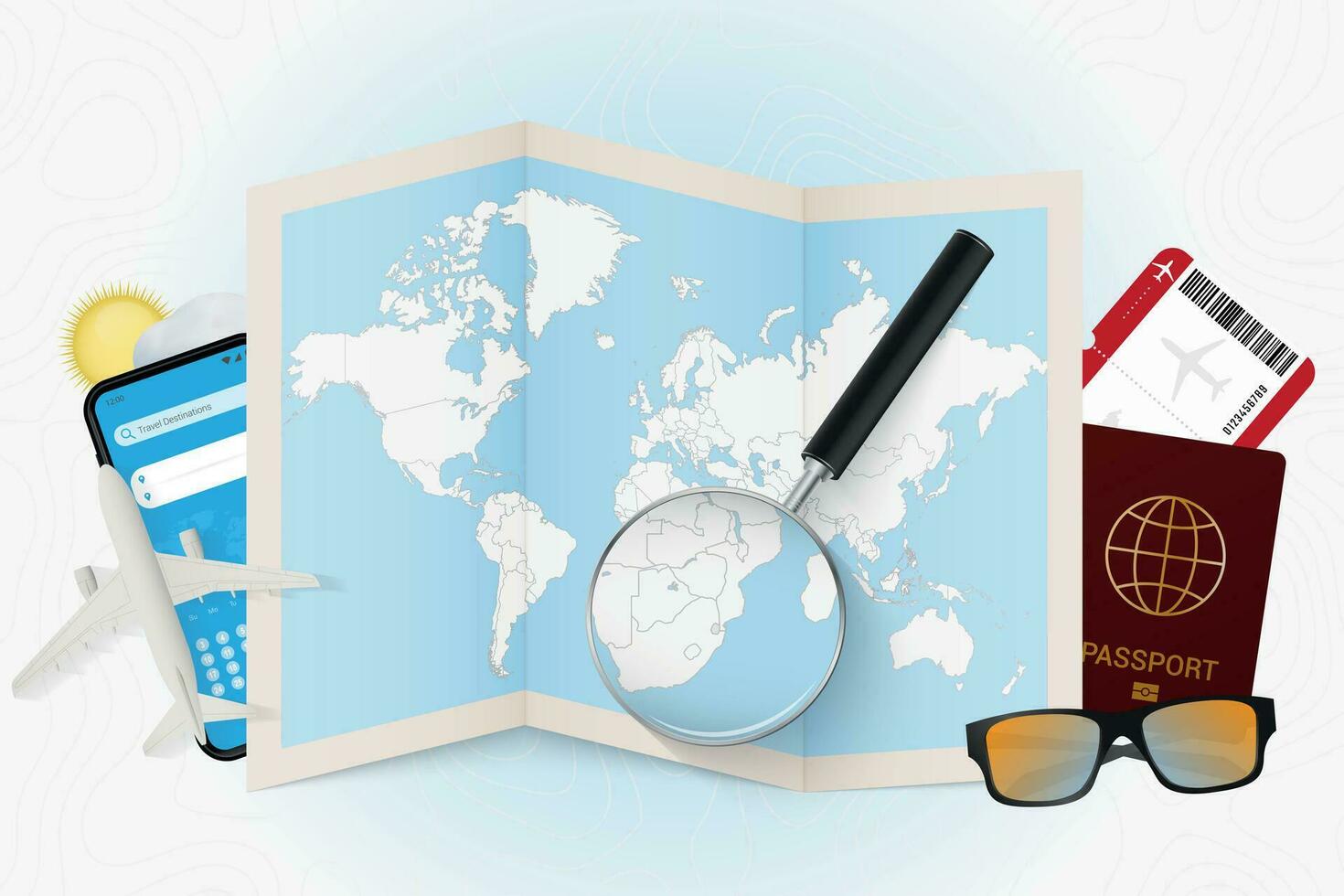 Travel destination Swaziland, tourism mockup with travel equipment and world map with magnifying glass on a Swaziland. vector