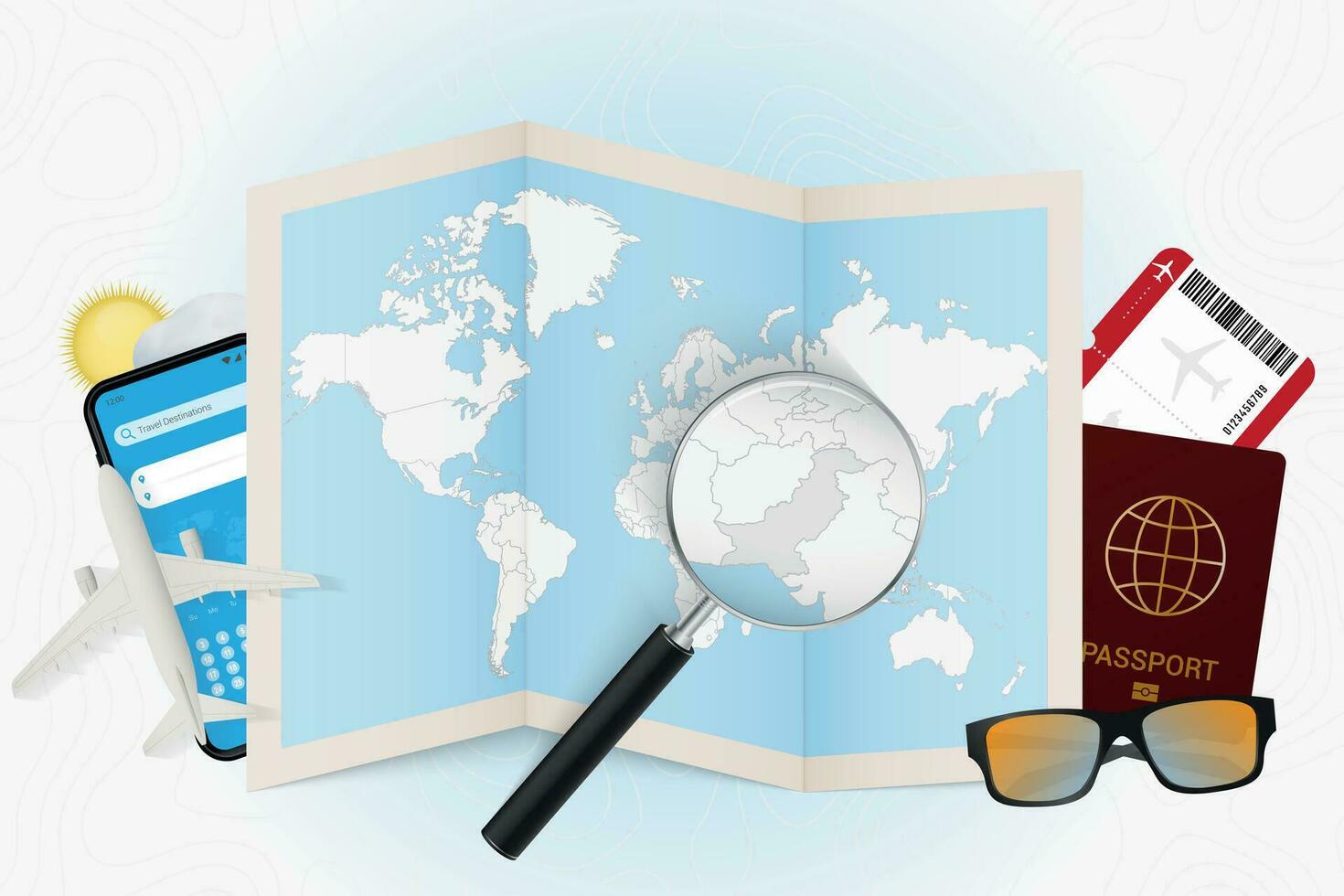 Travel destination Pakistan, tourism mockup with travel equipment and world map with magnifying glass on a Pakistan. vector
