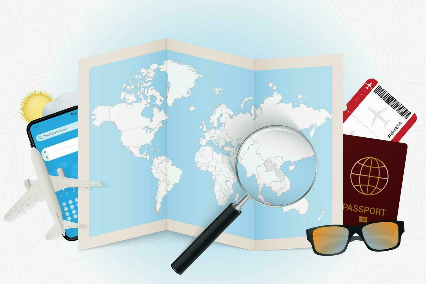 Travel destination Laos, tourism mockup with travel equipment and world map with magnifying glass on a Laos. vector