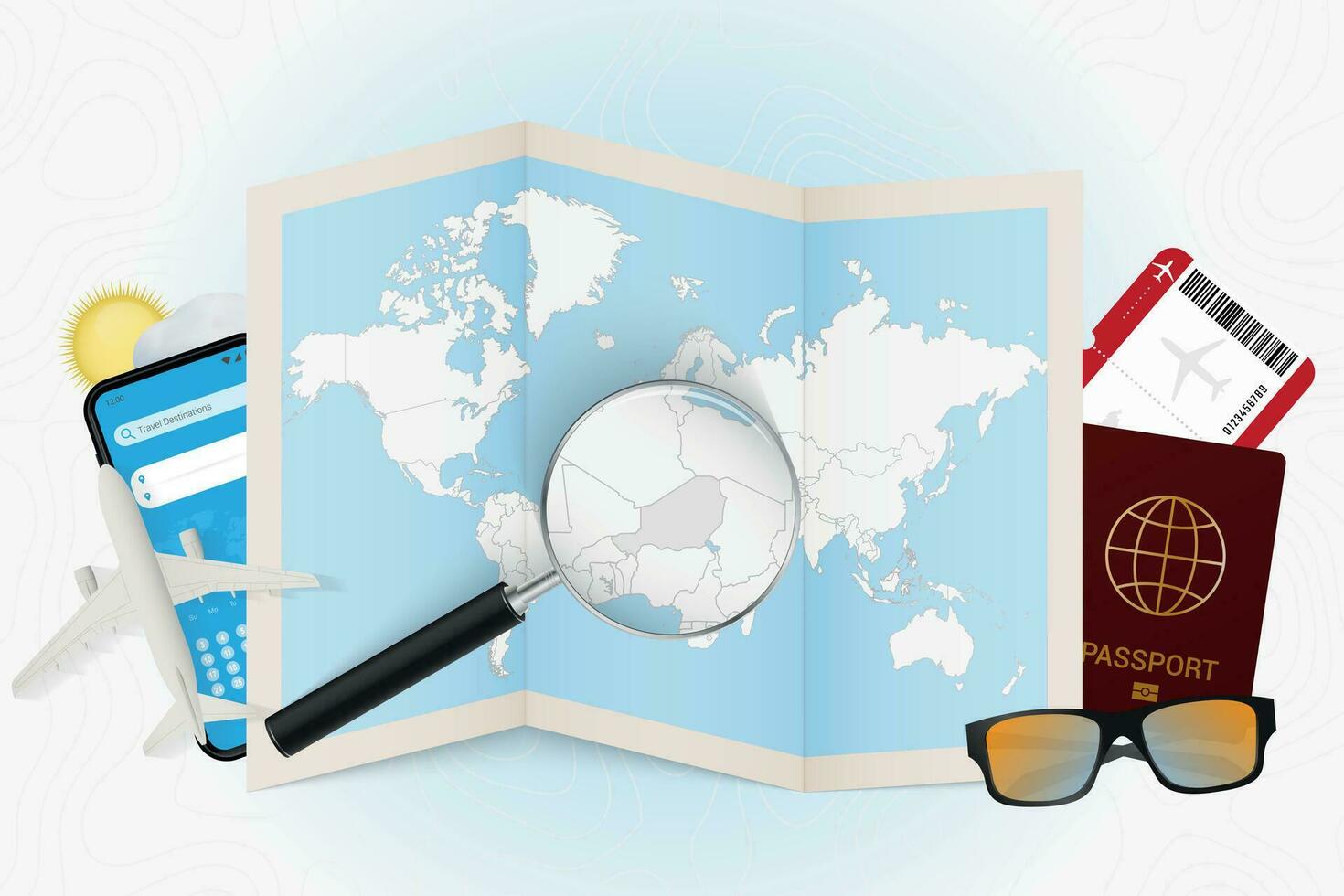 Travel destination Niger, tourism mockup with travel equipment and world map with magnifying glass on a Niger. vector