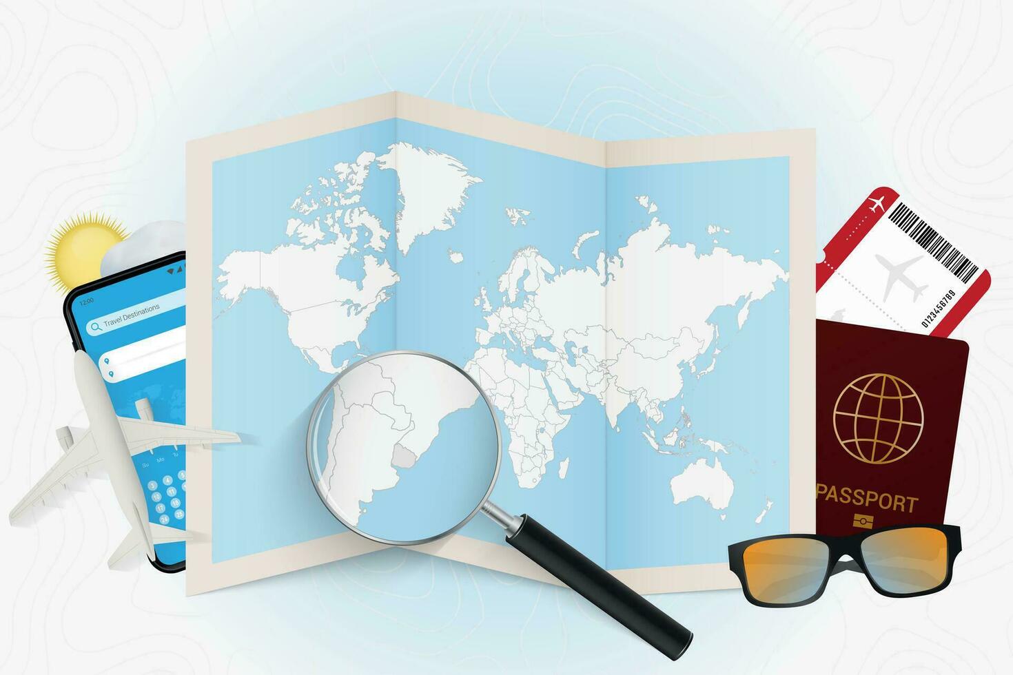 Travel destination Uruguay, tourism mockup with travel equipment and world map with magnifying glass on a Uruguay. vector