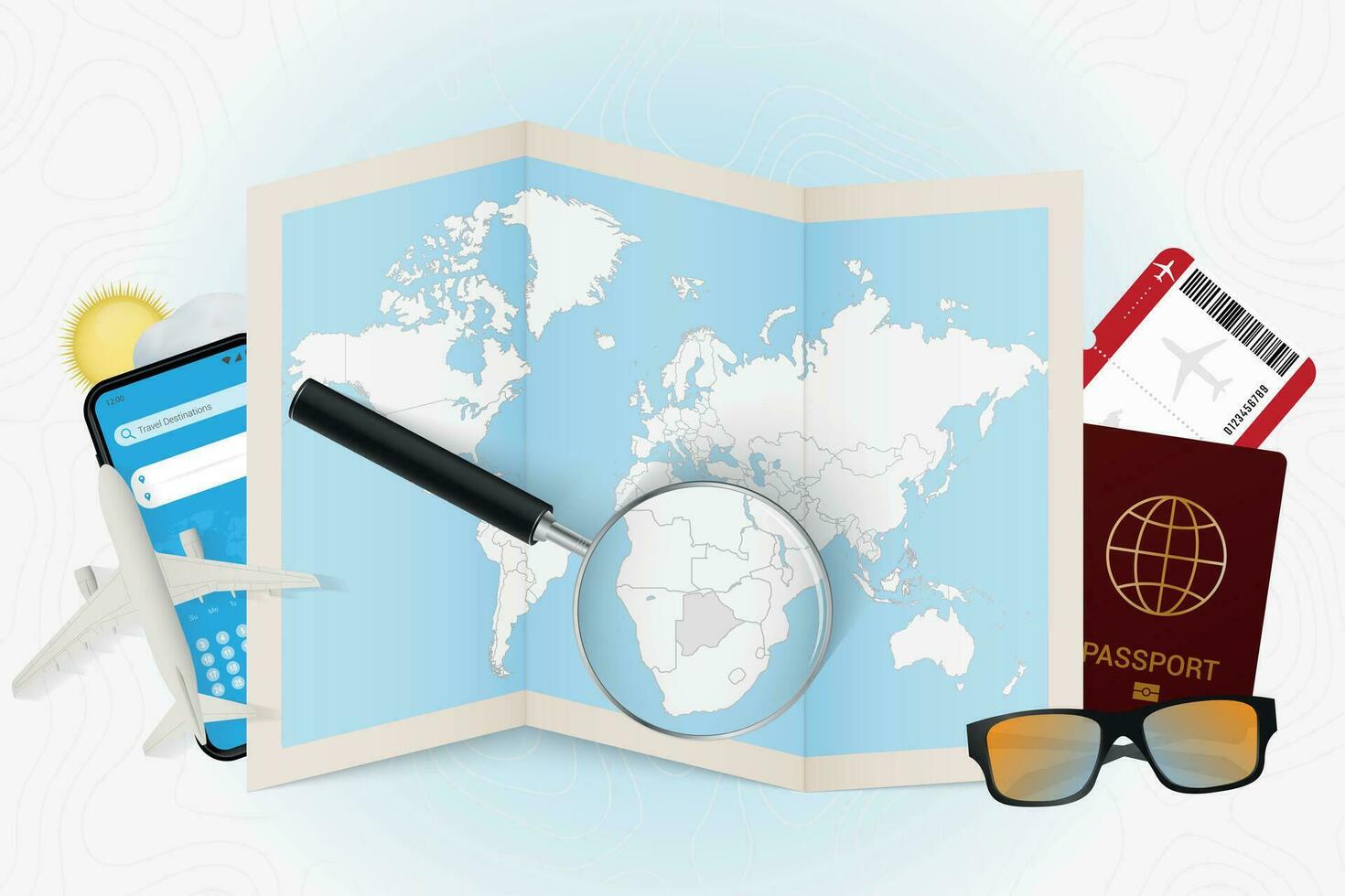 Travel destination Botswana, tourism mockup with travel equipment and world map with magnifying glass on a Botswana. vector