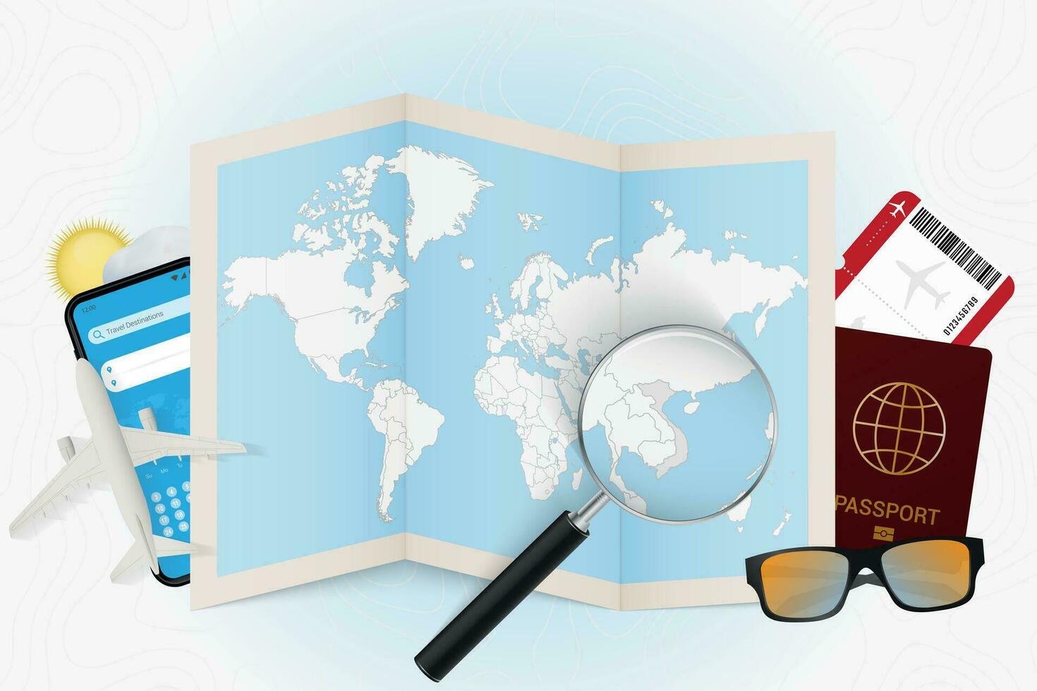 Travel destination Vietnam, tourism mockup with travel equipment and world map with magnifying glass on a Vietnam. vector