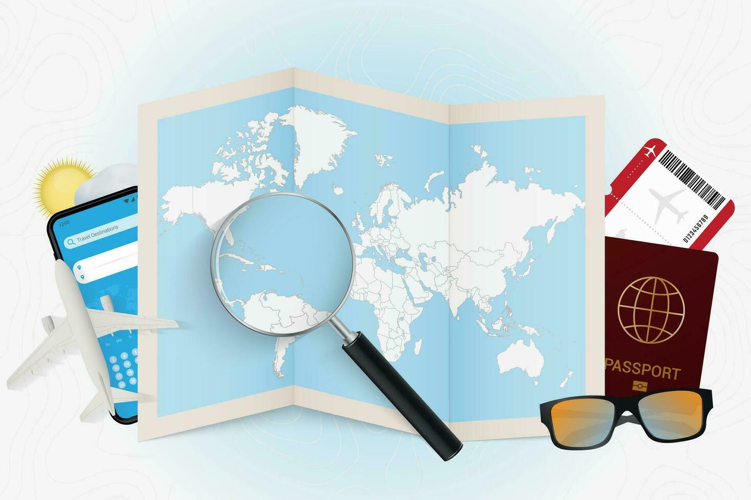Travel destination Puerto Rico, tourism mockup with travel equipment and world map with magnifying glass on a Puerto Rico. vector