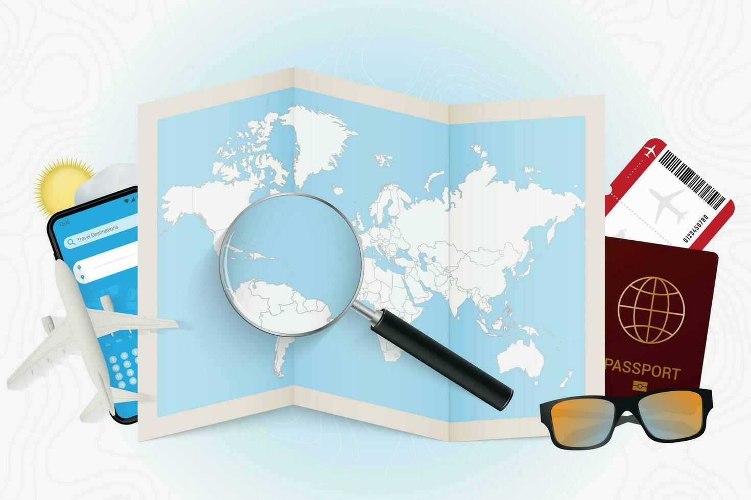 Travel destination Saint Kitts and Nevis, tourism mockup with travel equipment and world map with magnifying glass on a Saint Kitts and Nevis. vector