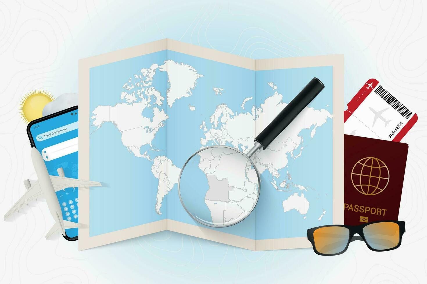 Travel destination Angola, tourism mockup with travel equipment and world map with magnifying glass on a Angola. vector